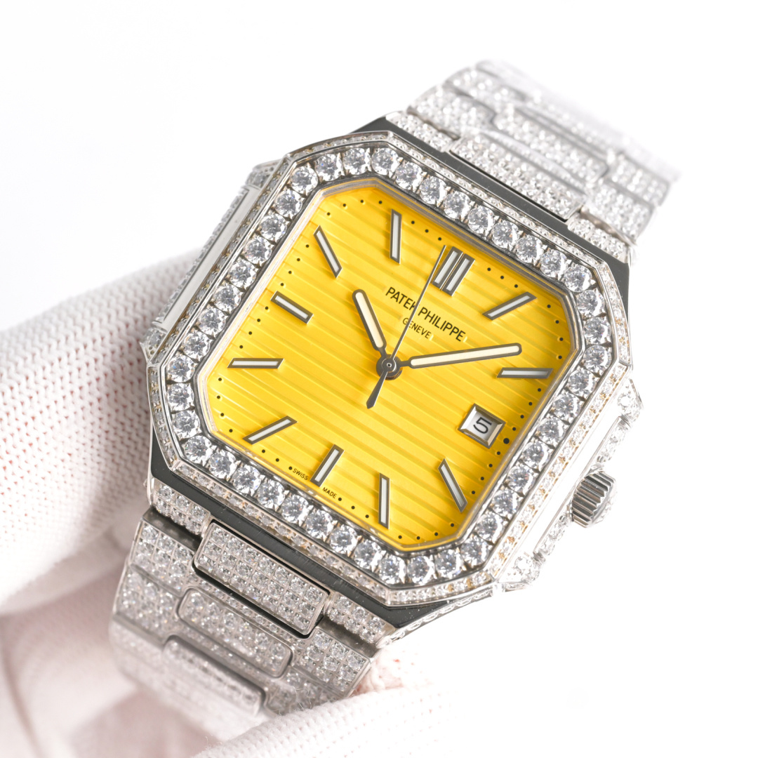 Square Nautilus-inspired 5821 Yellow Sunburst Full Pavé Diamond Super Clone