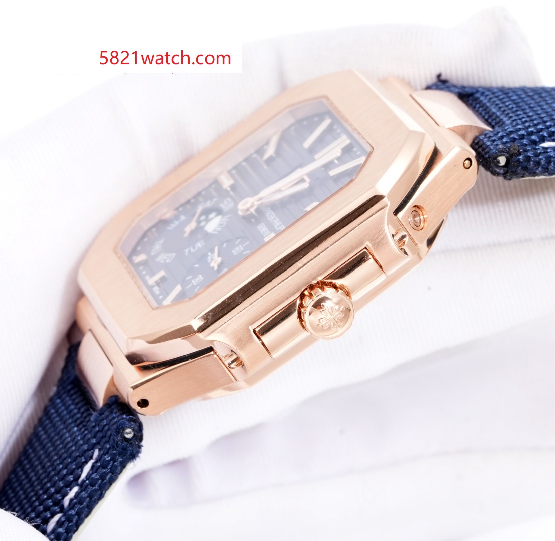 Square Nautilus-inspired 5822 Navy Blue Sunburst Annual Calendar Full Rose Gold Denim Strap Super Clone