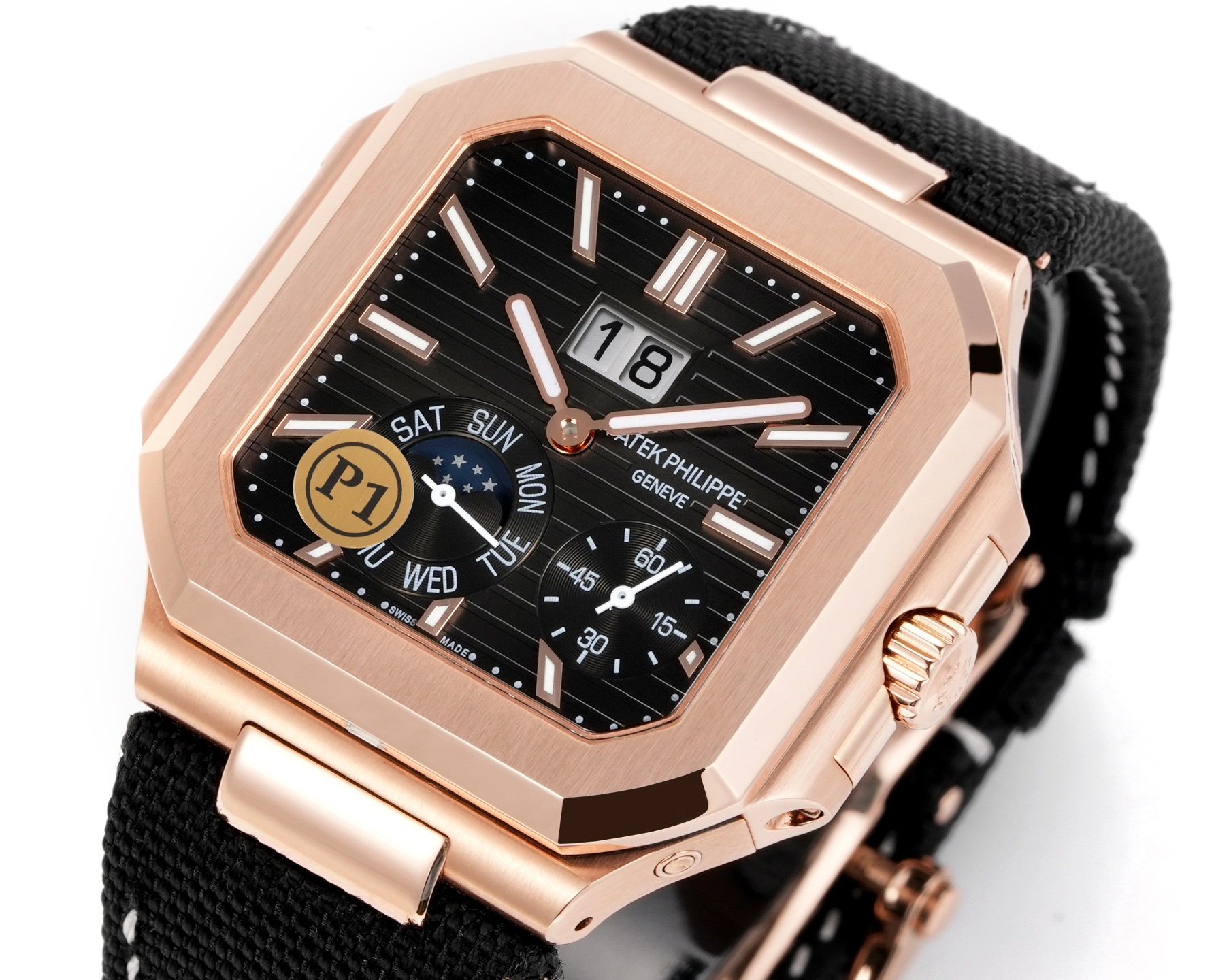 Square Nautilus-inspired 5822 Black Sunburst Annual Calendar Rose Gold Denim Strap Super Clone