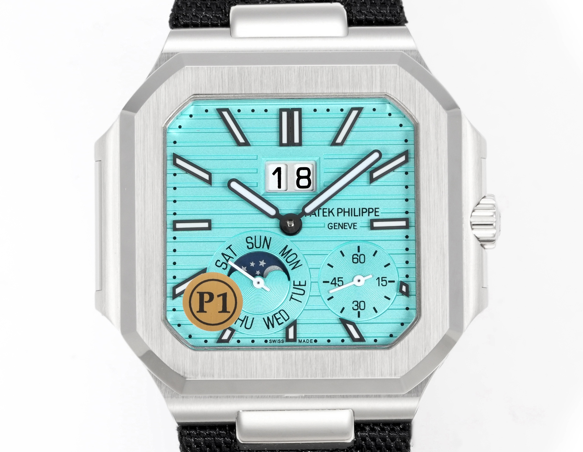 Square Nautilus-inspired 5822 Tiffany Blue Sunburst Annual Calendar Denim Strap Super Clone