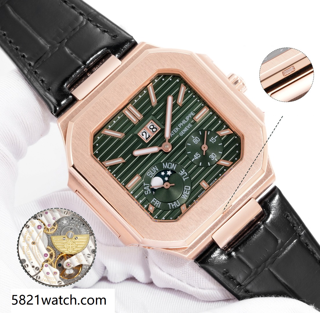 Square Nautilus-inspired 5822 Olive Green Sunburst Annual Calendar Rose Gold Leather Strap Super Clone