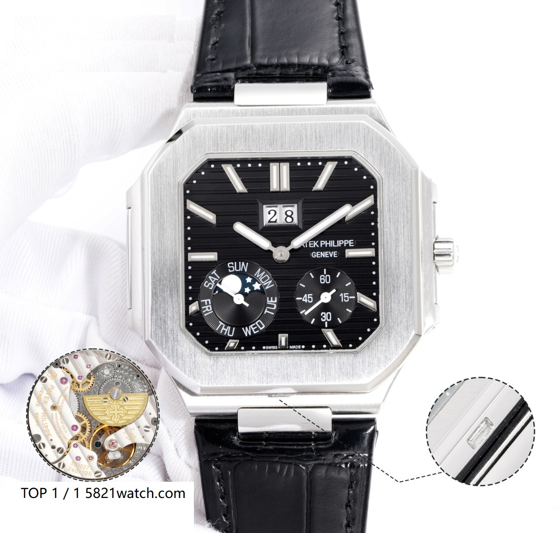 Square Nautilus-inspired 5822 Black Sunburst Annual Calendar Steel Leather Strap Super Clone