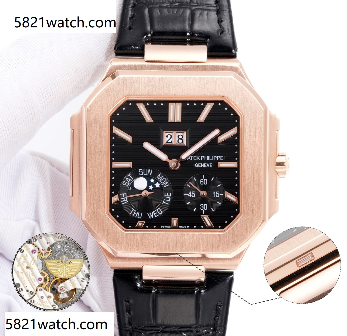 Square Nautilus-inspired 5822 Black Sunburst Annual Calendar Rose Gold Leather Strap Super Clone