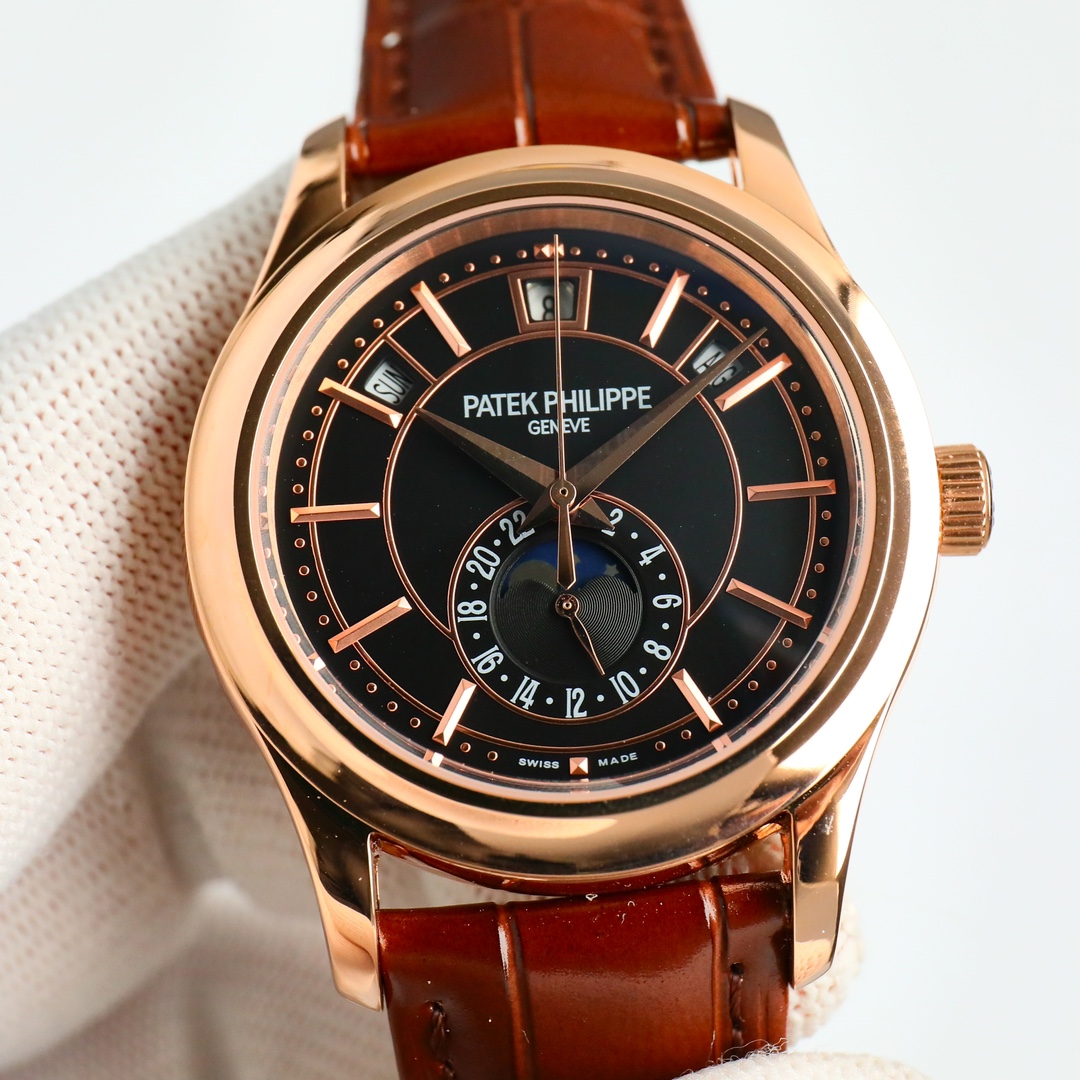 Rose Gold Annual Calendar Moon Phase Watch with Black Opaline Dial | 5205R-010
