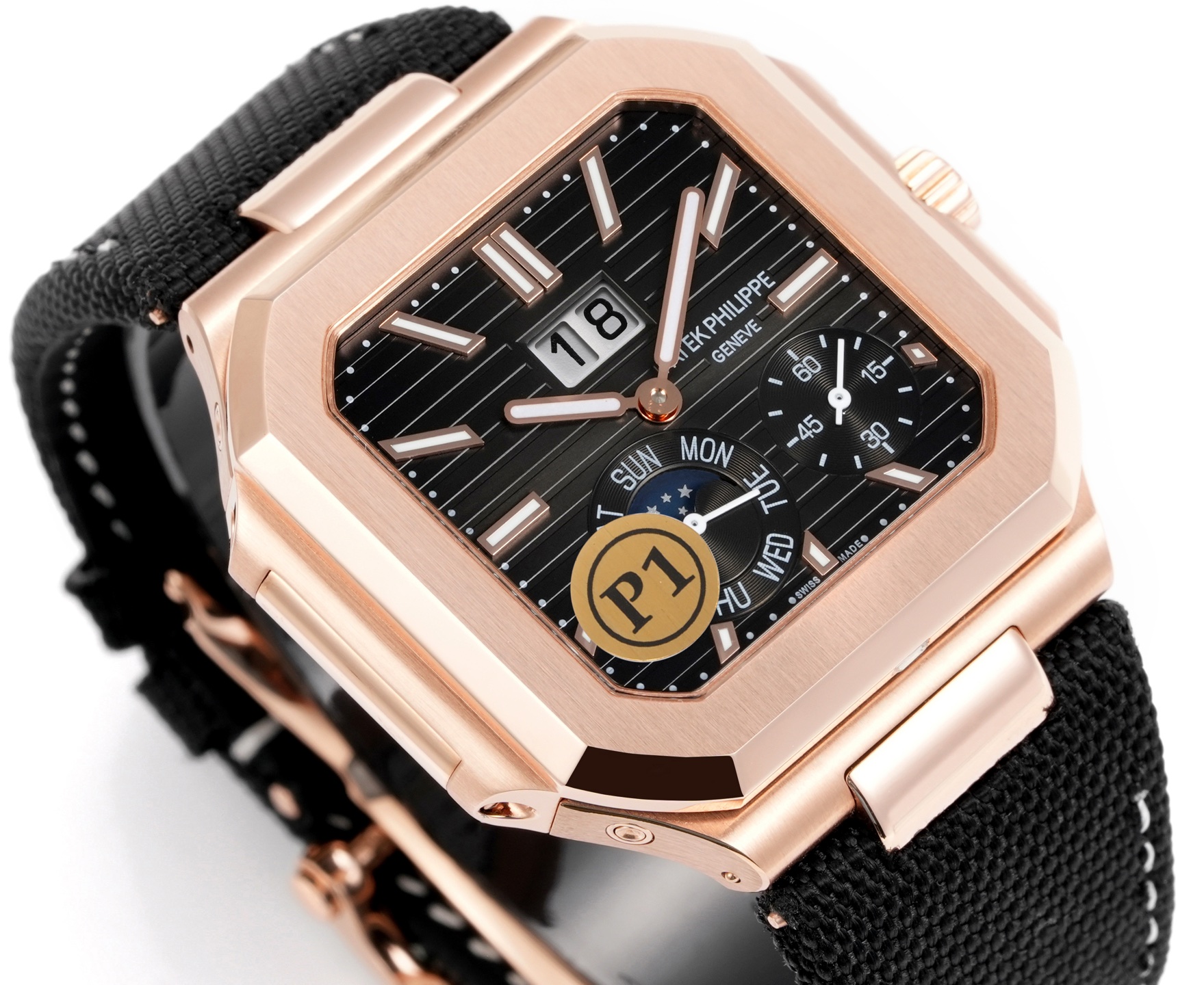 Square Nautilus-inspired 5822 Black Sunburst Annual Calendar Rose Gold Denim Strap Super Clone