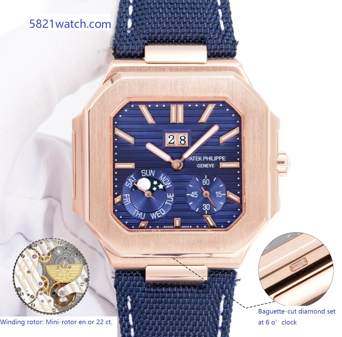 Square Nautilus-inspired 5822 Navy Blue Sunburst Annual Calendar Full Rose Gold Denim Strap Super Clone