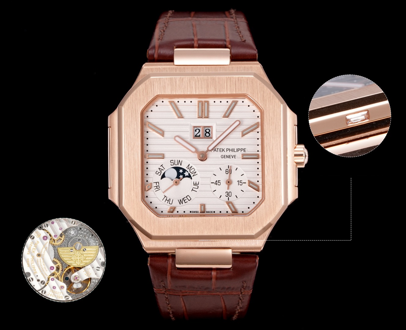 Square Nautilus-inspired 5822 White Sunburst Annual Calendar Rose Gold Leather Strap Super Clone
