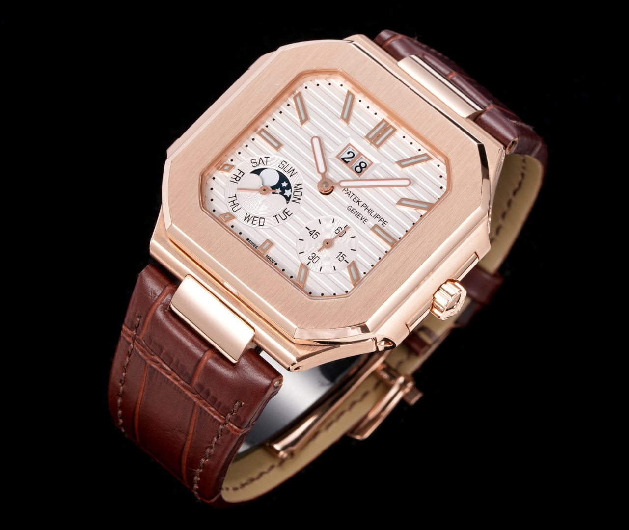 Square Nautilus-inspired 5822 White Sunburst Annual Calendar Rose Gold Leather Strap Super Clone